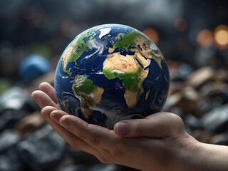Hands holding Earth on the blurred background of landfill garbage. 