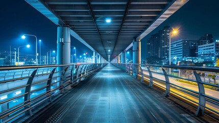 empty pathway on the overpass bridge under the sky train railway track at night