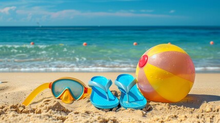 Fototapeta na wymiar Flip-flops, beach ball and snorkel on the sand --v 6.0