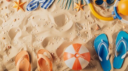 Flip-flops, beach ball and snorkel on the sand  --v 6.0 - obrazy, fototapety, plakaty
