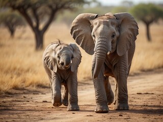 Close-up of two elephants walking on the savannah