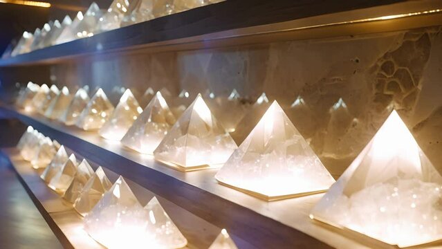 An array of crystal singing pyramids line a shelf their lightreflecting surfaces and varying sizes creating a sense of magic and wonder. Each pyramid gives off a unique sound
