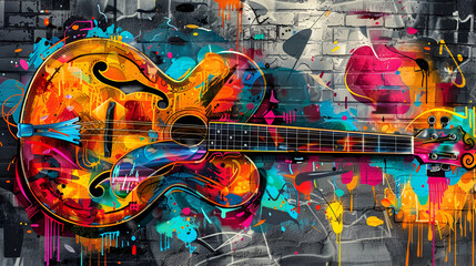 World Jazz Day, Hand Draw painting of Guitar on wall, Generative Ai