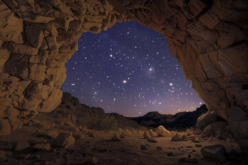 Arizona cave tunnel, Stars fill the night sky through the rocky opening.