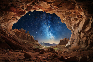 Underground cave, seen from inside the tunnel with starry sky, rocks, Arizona desert, canyon.