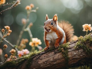 Close-up of a cute squirrel sitting on a branch tree with flowers - Powered by Adobe