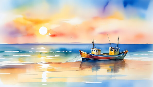 A watercolor painting of a colorful fishing boat in a calm sea at sunset with a cloudy sky in the background.