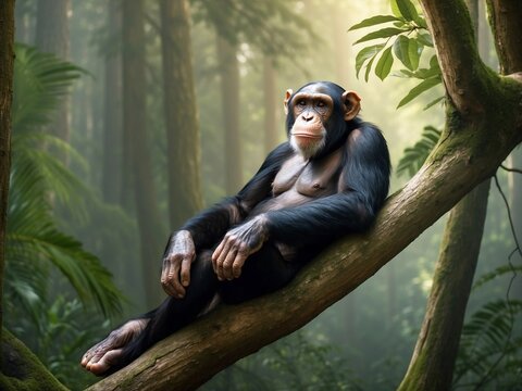 Close-up of a chimpanze sitting in a branch tree in the blurred background of a green forest