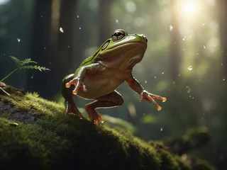 Deurstickers Close-up of a green frog jumping in the blurred forest background © Leohoho