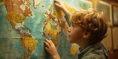 Curious Student Tracing Historical Events on Detailed World Map,Educational Geography Discovery and Timeline Trek