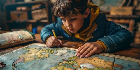 a young student intently focused on tracing historical events on a large world map laid out on a...