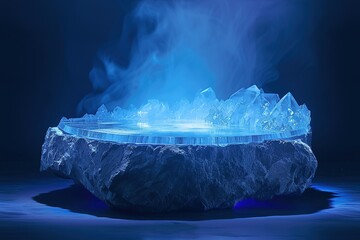 Glowing Geode: The podium resembles a giant geode, its crystalized interior illuminated from within, casting an ethereal blue light on the stage.  - obrazy, fototapety, plakaty