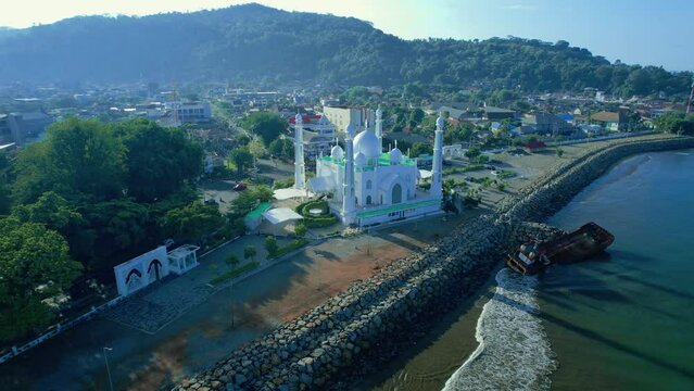 Aerial view at morning of the Al-Hakim Mosque near the coast of Padang City, West Sumatra.