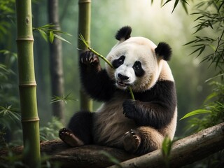 Close-up of a giant panda eating bamboo in background of bamboo forest