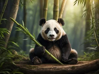 Foto op Plexiglas Close-up of a giant panda eating bamboo in background of bamboo forest © Leohoho