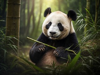 Close-up of a giant panda eating bamboo in background of bamboo forest - obrazy, fototapety, plakaty