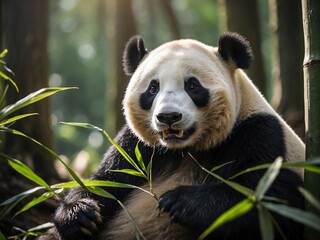 Close-up of a giant panda eating bamboo in background of bamboo forest