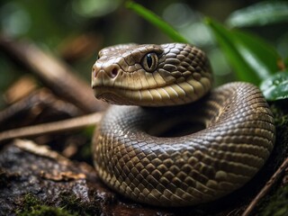 Obraz premium Close-up of a snake on a tree in the green forest background