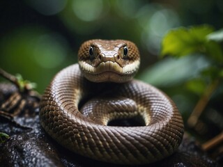 Fototapeta premium Close-up of a snake on a tree in the green forest background