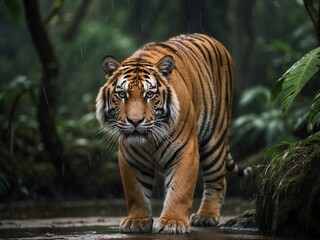 Close-up of a Bengal tiger walking in the green forest background - obrazy, fototapety, plakaty