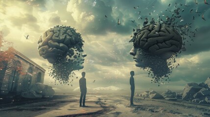 left- and right - brain reality, two brain looking at each other, yoga, neuroscience, 16:9 - obrazy, fototapety, plakaty