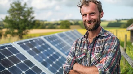 smiling modern german farmer with solar energy, green innovation, no hat, copy and text space, 16:9 - obrazy, fototapety, plakaty