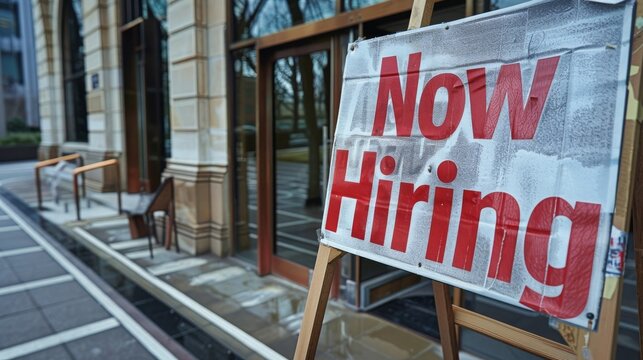 A Now Hiring sign displayed outside a company building,  attracting potential applicants.
