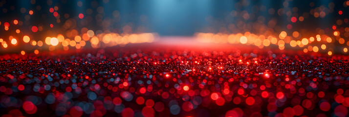 Red Carpet with Lights in the Spotlight ,
Podium illuminated by red spotlights. empty platform or stage with beams of lamps and spots of light on floor. realistic interior of dark hall or corridor  - obrazy, fototapety, plakaty