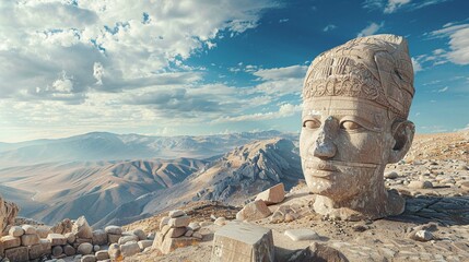 One of the head on East terrace at the top of Nemrut dagi in Turkey on white backgriund