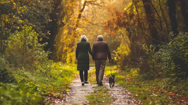 old couple walking with a little dog on a path in a park by the forest