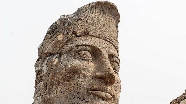 One of the head on East terrace at the top of Nemrut dagi in Turkey against white background
