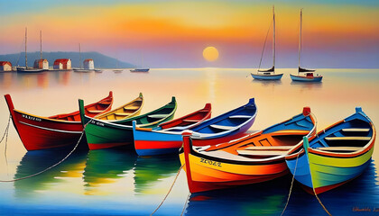 An oil painting of boats on a calm sea, with vibrant blue and green colors
