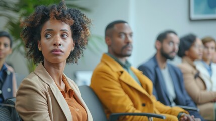 A group of diverse candidates sitting in a waiting room,  awaiting their turn for job interviews.