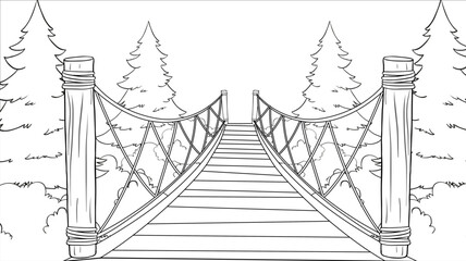 Black and white drawing of a bridge in a forest
