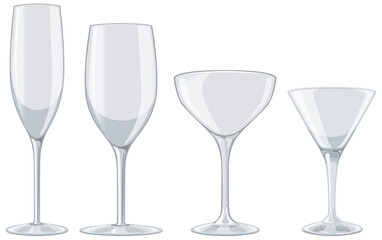 Four different types of empty glassware illustrated.