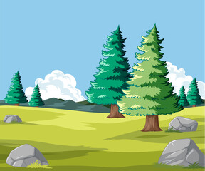 Cartoon of peaceful trees in a sunny meadow.