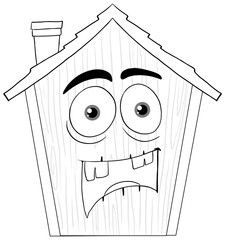 Animated house character with a shocked face.