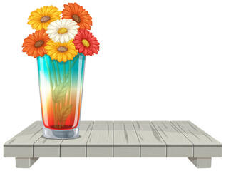 Vibrant flowers arranged in a vase on a wooden table.