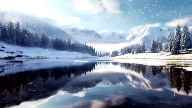 Beautiful winter landscape with lake and snow covered mountains in the background