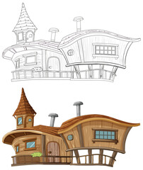 Colorful and outlined whimsical treehouse drawings.