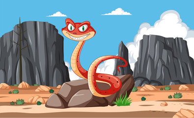Cartoon snake with a playful expression in desert.