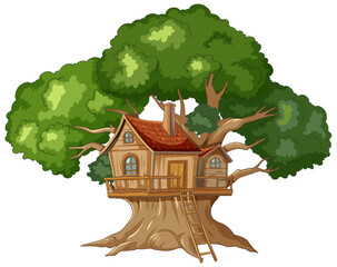 Whimsical treehouse nestled within a vibrant tree.
