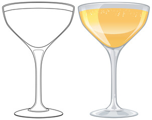Vector illustration of two cocktail glasses, one filled