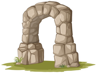 Cartoon of a stone arch on a green lawn.