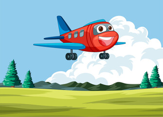 Cartoon airplane with face flying in the sky