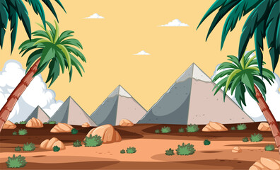Cartoon desert scene with palm trees and mountains