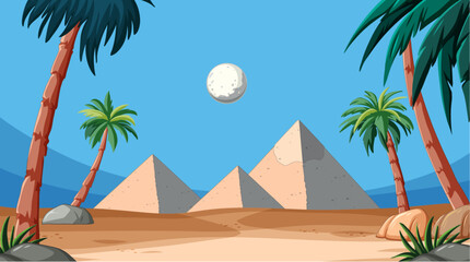 Vector illustration of pyramids with moon and palm trees.