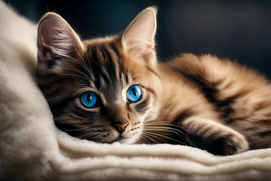 A cat cub with striking blue eyes, lounging on a plush velvet cushion, kitten, kitty, young cat, catling, catlet, feline cub, cat baby, small cat, chaton, gatito, gatinho, gattino, image
