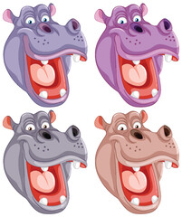 Four animated hippo heads with different expressions.