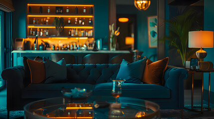 a spacious living room with a wine bar and a blue sofa. Generative AI